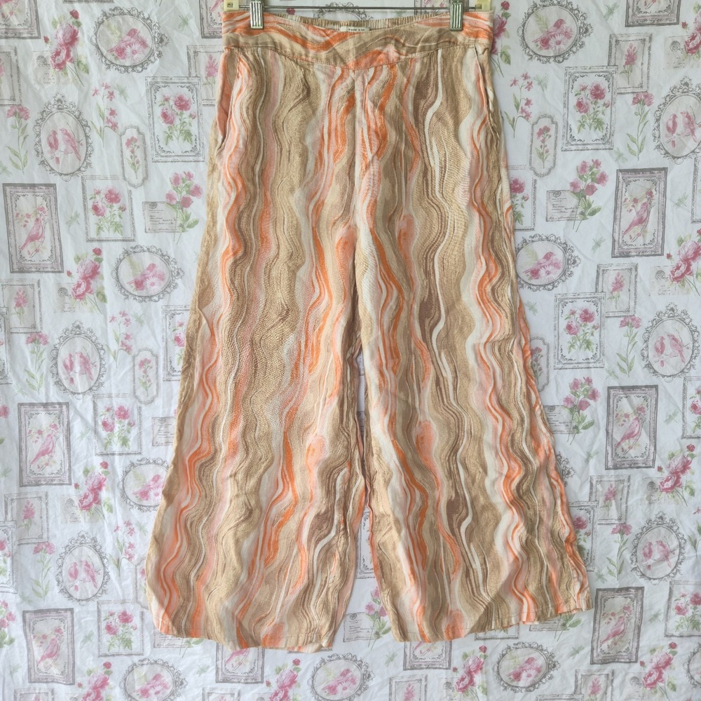 Rachel Zoe 100% Linen Wide Leg Pants M Orange Tan Marble Wavy Print‎ Resort Boho
